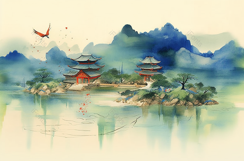 春天自然风景山水古建筑插画,插画/手绘图,插画/手绘图库,插画/手绘图下载,插画/手绘